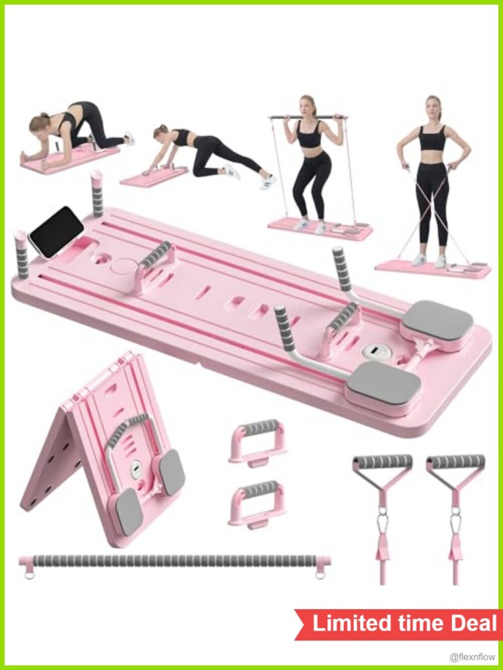 Foldable Pilates Reformer Board Set with Resistance Bands Push Up Bar